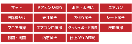天井拭き・マット・ドアヒンジ廻り・エアガン・掃除機掛け・内張えい拭き・エアコン洗浄・ダッシュボード清掃・内窓拭き